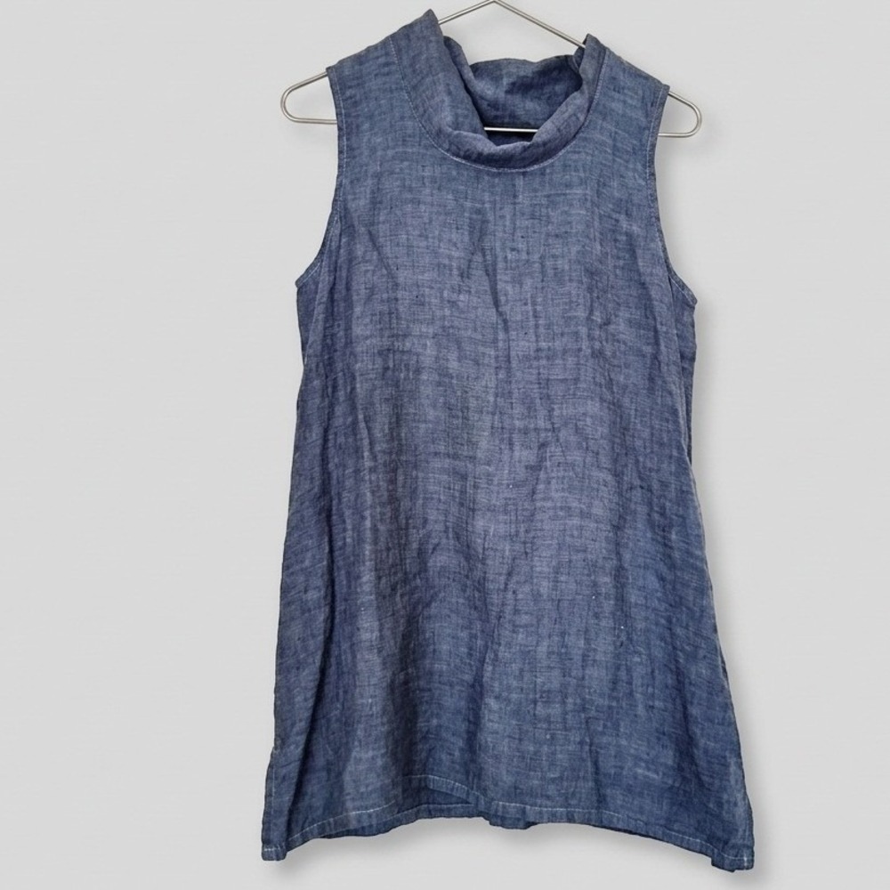 Fenini 100% Linen Sleeveless Cowl Neck Tunic Dress Navy Lagenlook Coastal Boho S